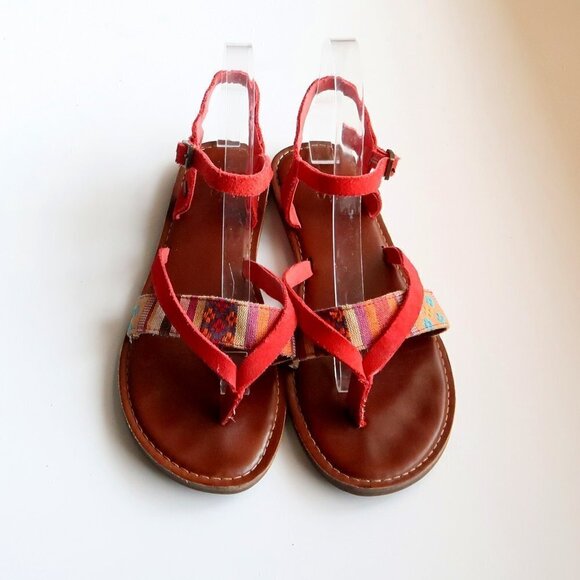 Toms Lexie Red Suede Leather & Canvas Strappy Slingback Thong Flat Sandals 8.5 W - Picture 5 of 16